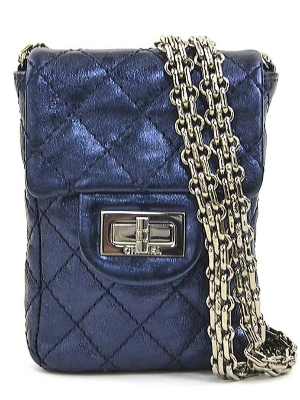 CHANEL 2.55 Chain Crossbody Shoulder Bag Mini Pouch Metallic Navy